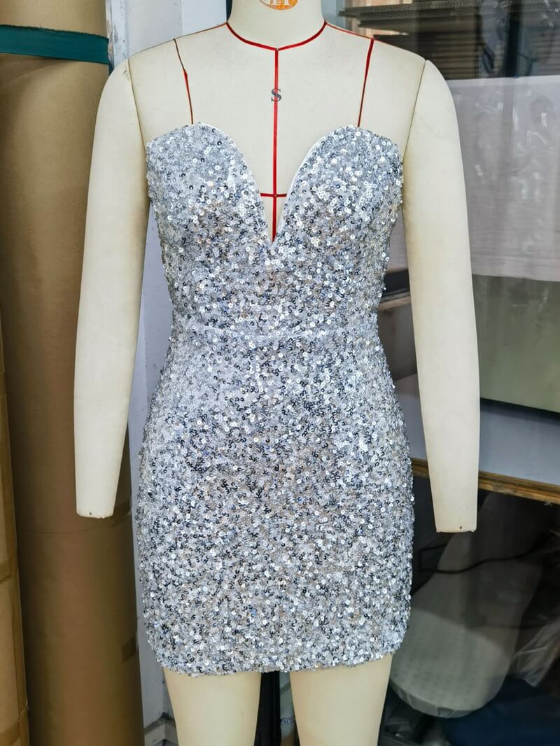 NURO Women's Sequin Strapless Bandage Bodycon Dress - Deep V-Neck Lace Up Mini Dress for Party, Nightclub, and Evening Occasion