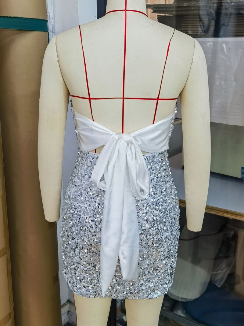 NURO Women's Sequin Strapless Bandage Bodycon Dress - Deep V-Neck Lace Up Mini Dress for Party, Nightclub, and Evening Occasion