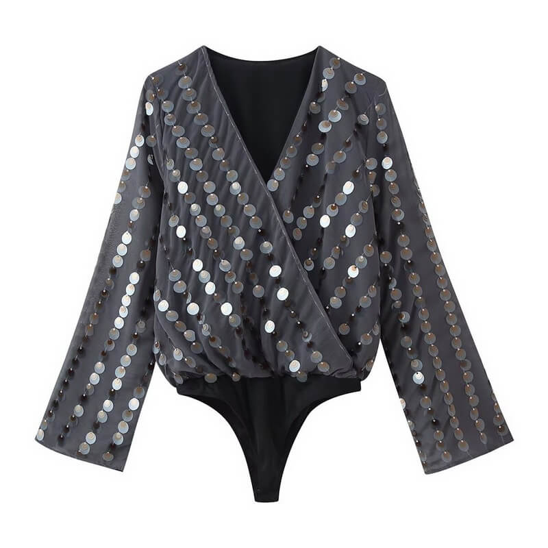 NURO Women's Sequin Trim V-Neck Long Sleeve Romper