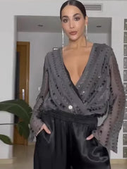 NURO Women's Sequin Trim V-Neck Long Sleeve Romper