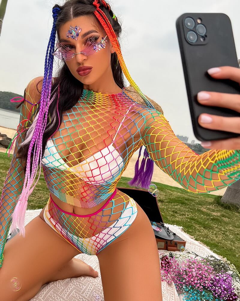 NURO Women's Sexy High-Neck Fishnet Two-Piece Lingerie Set, Sheer Mesh Bodysuit with Bikini Cover-Up