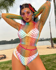 NURO Women's Sexy High-Neck Fishnet Two-Piece Lingerie Set, Sheer Mesh Bodysuit with Bikini Cover-Up