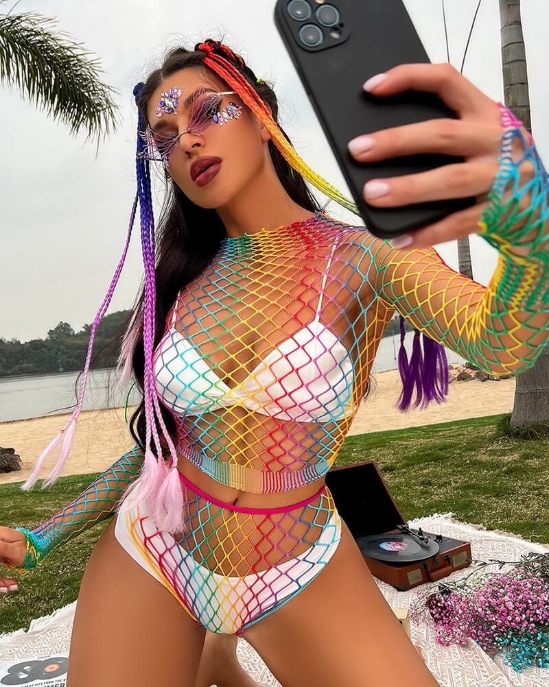 NURO Women's Sexy High-Neck Fishnet Two-Piece Lingerie Set, Sheer Mesh Bodysuit with Bikini Cover-Up