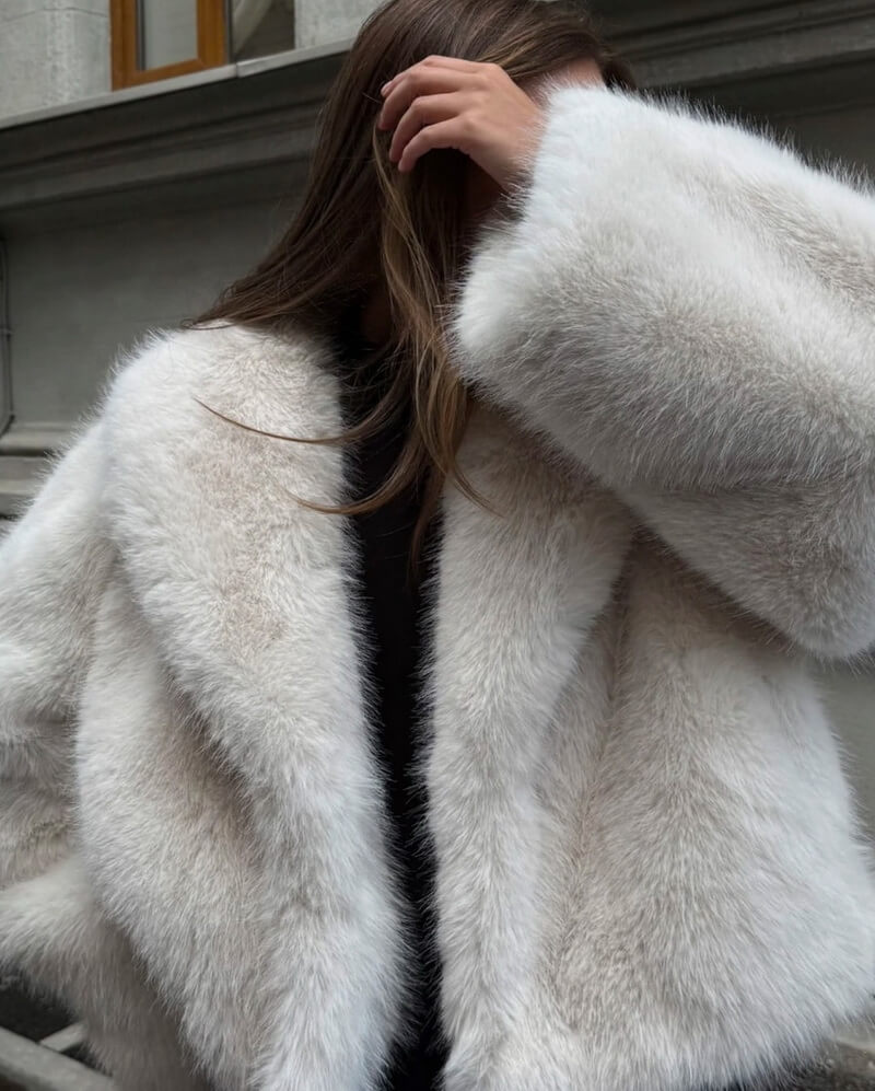 NURO Women's Shawl Collar Faux Fur Jacket, Elegant Cropped Coat, Faux Fox Fur Short Outerwear