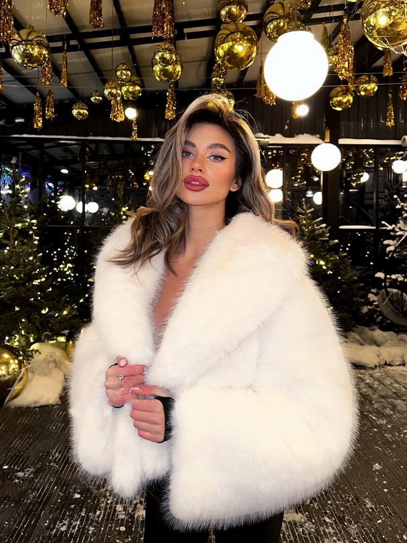 NURO Women's Shawl Collar Faux Fur Jacket, Elegant Cropped Coat, Faux Fox Fur Short Outerwear