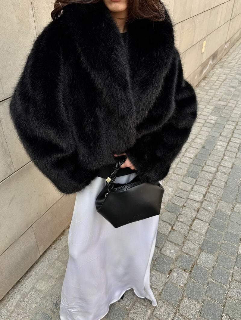 NURO Women's Shawl Collar Faux Fur Jacket, Elegant Cropped Coat, Faux Fox Fur Short Outerwear