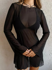 NURO Women's Sheer Chiffon Bodycon Dress, Long Sleeve Round Neck Sexy Mini Dress