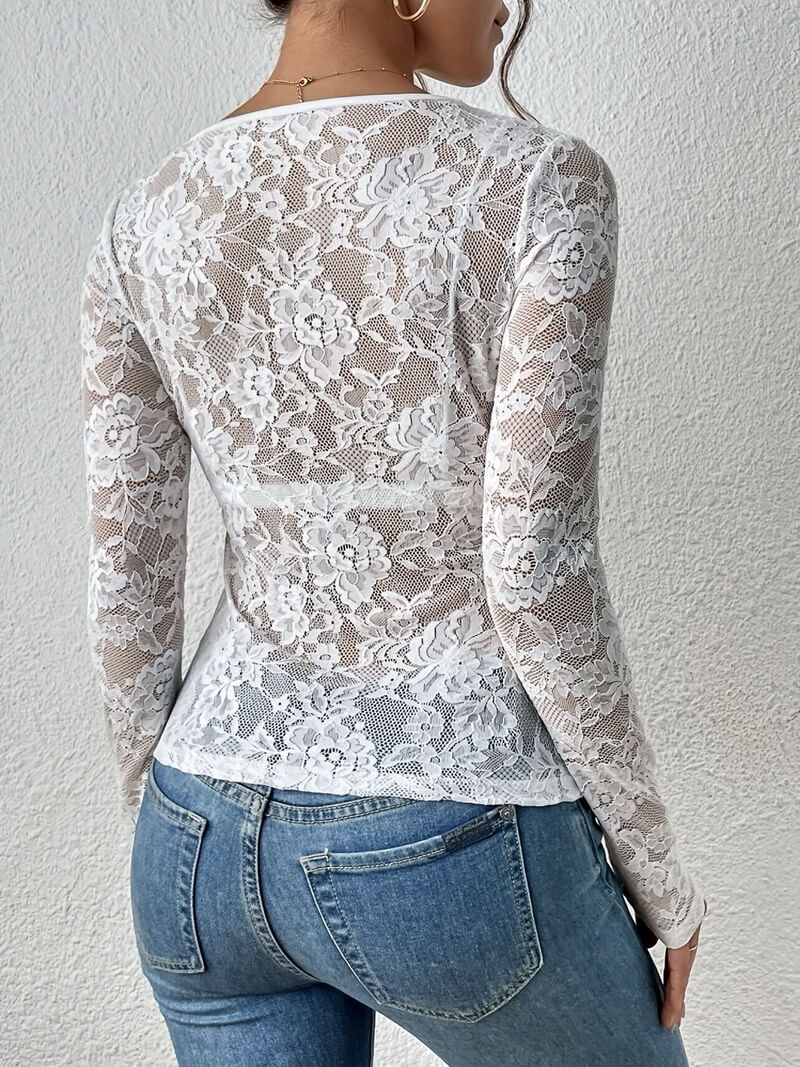 NURO Women's Sheer Floral Embellished Blouse - V Neck, Long Sleeve, Chiffon Top