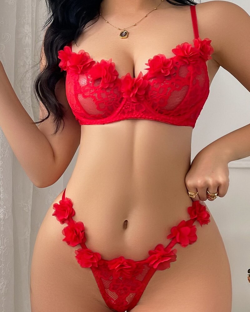 NURO Women's Sheer Lace Bikini Set with G-String, Floral Mesh Bra and Panty