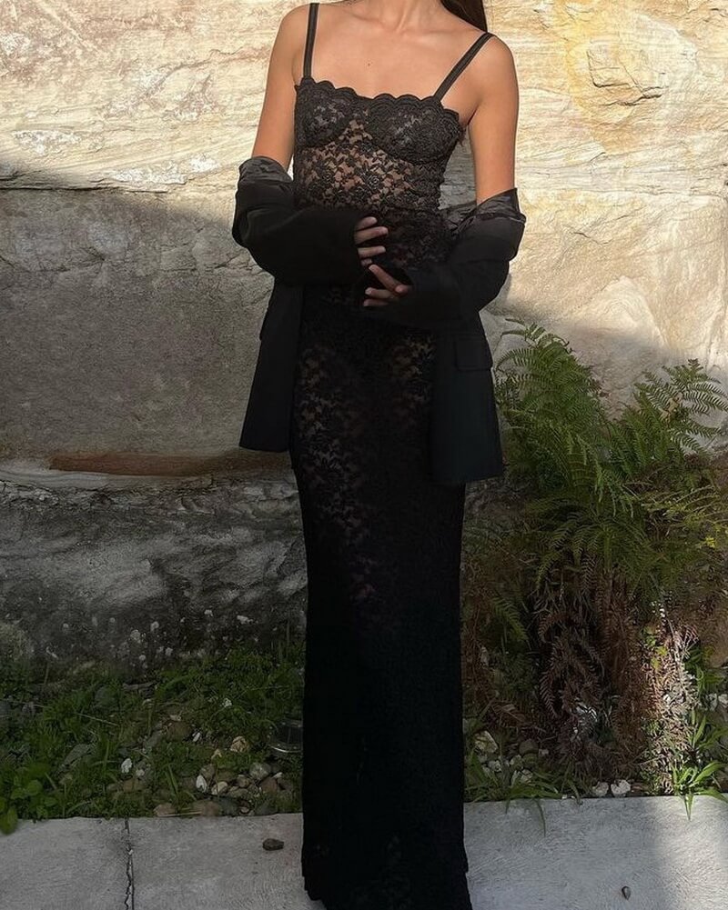 NURO Women's Sheer Lace Bodycon Dress - Off Shoulder Slim Fit Midi Dress with Floral Detail, Elegant Evening Gown