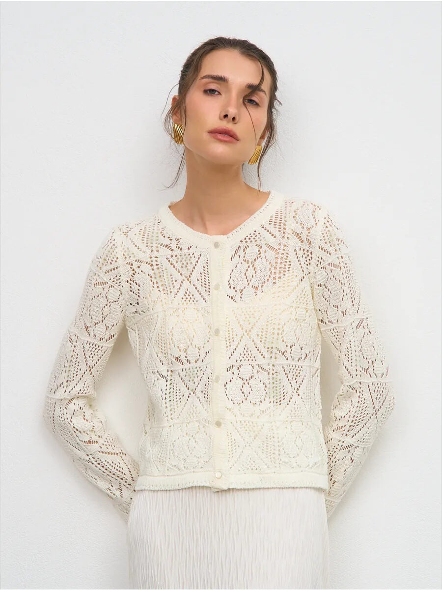 NURO Women's Sheer Lace Button-Up Cardigan, Long Sleeve Lightweight Cover-Up