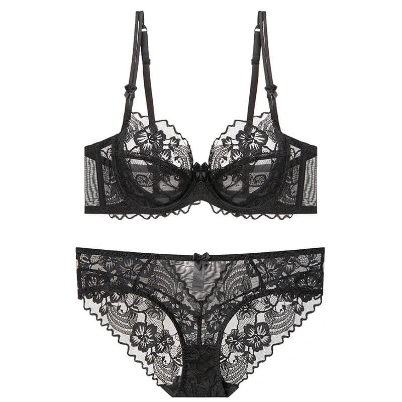 NURO Women's Sheer Lace French Demi Bra Set