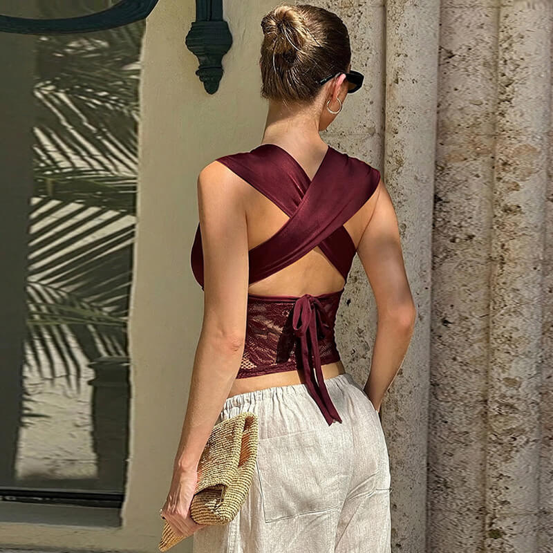 NURO Women's Sheer Lace Halter Neck Deep V Tie Top, Sexy Cutout Backless Cami Bralette