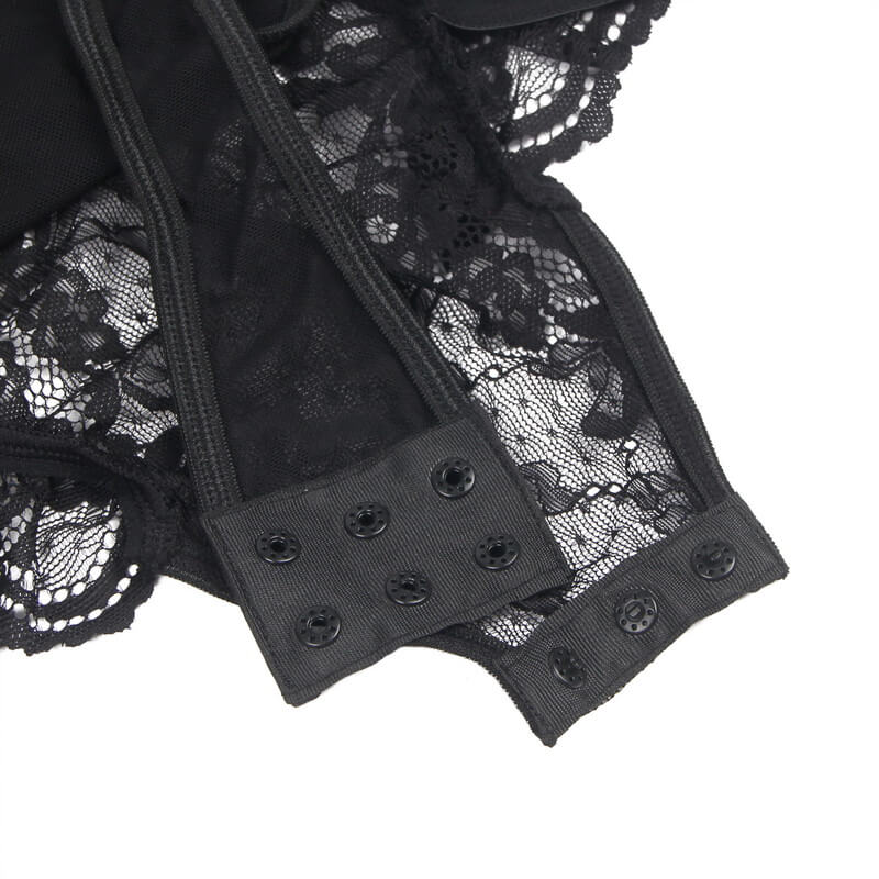 NURO Women's Sheer Lace Teddy Bodysuit with Detachable Garters & Thigh Straps