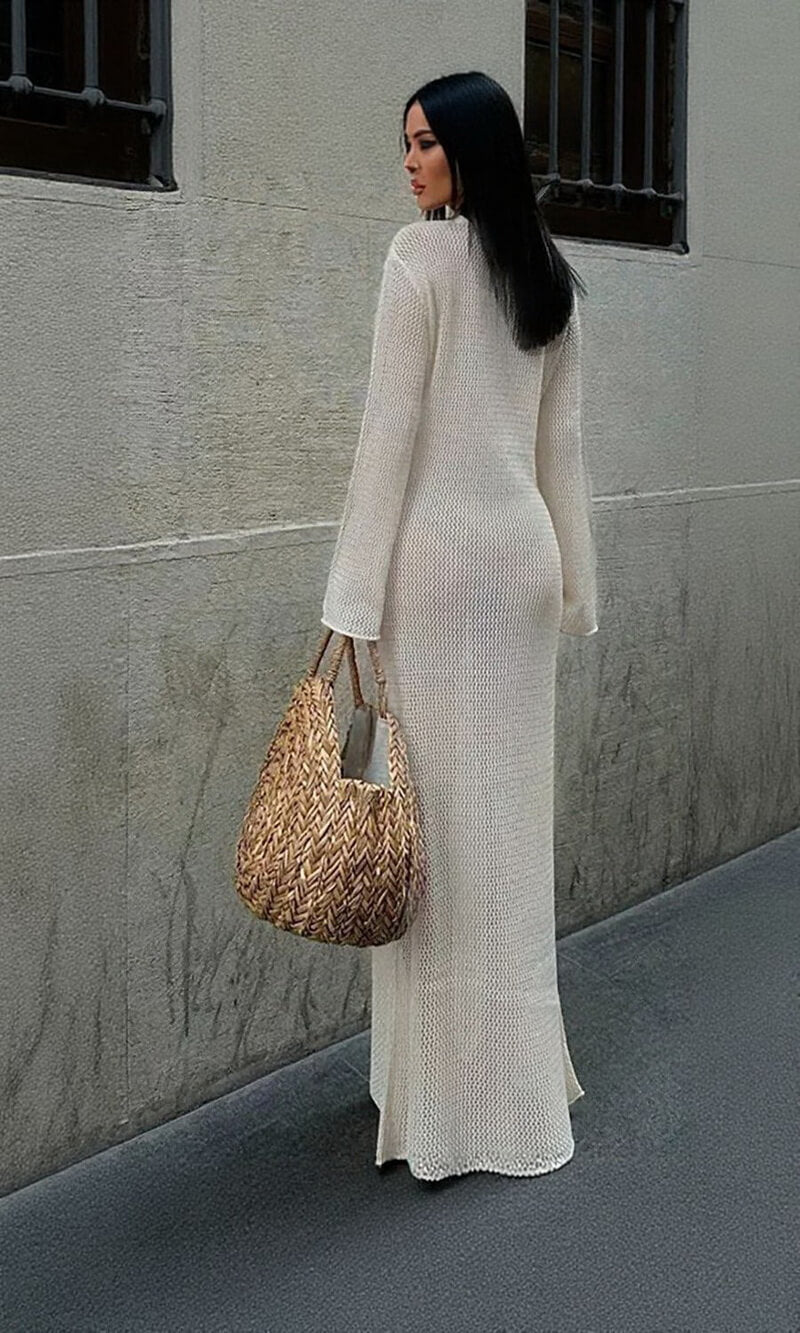 NURO Women's Sheer Mesh Bodycon Dress, Long Sleeve V-Neck Slit Evening Gown