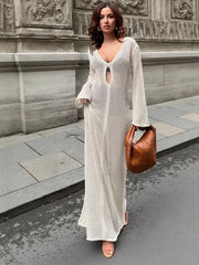 NURO Women's Sheer Mesh Bodycon Dress, Long Sleeve V-Neck Slit Evening Gown