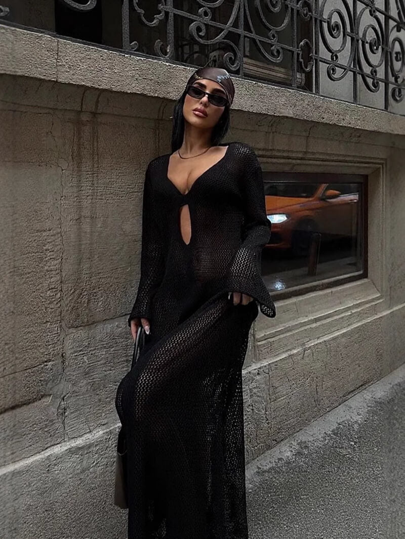 NURO Women's Sheer Mesh Bodycon Dress, Long Sleeve V-Neck Slit Evening Gown