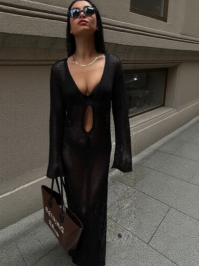 NURO Women's Sheer Mesh Bodycon Dress, Long Sleeve V-Neck Slit Evening Gown