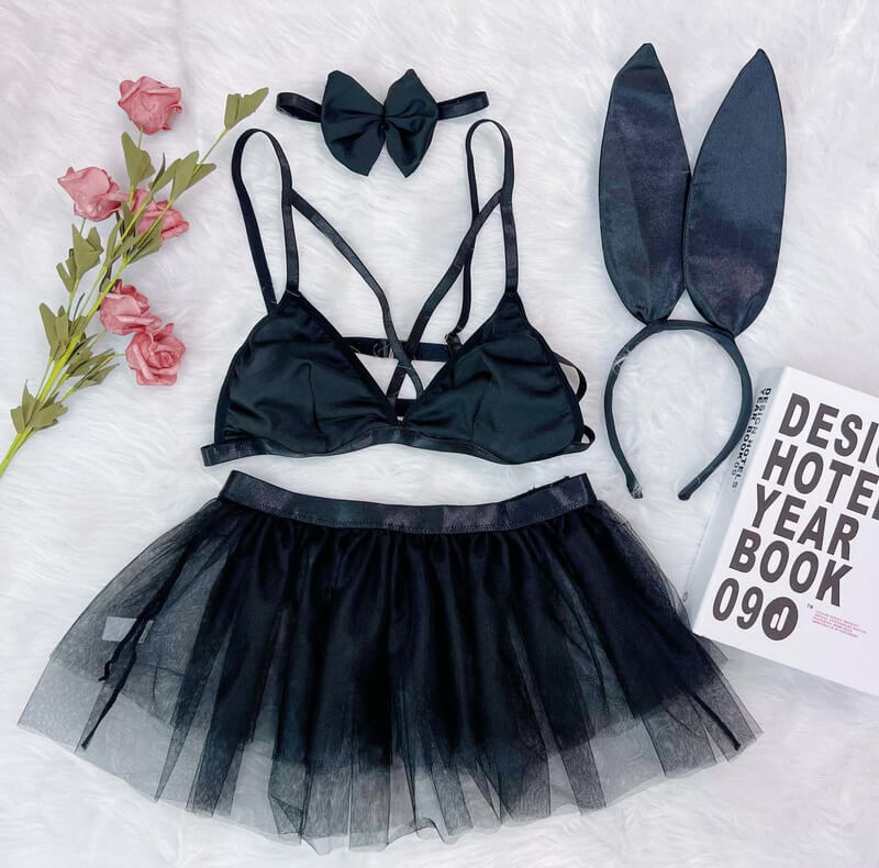 NURO Women's Sheer Mesh Bunny Girl Lingerie Set, Two-Piece Babydoll and Skirt with Playful Ears