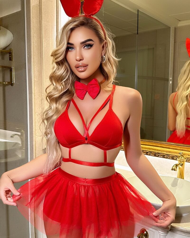 NURO Women's Sheer Mesh Bunny Girl Lingerie Set, Two-Piece Babydoll and Skirt with Playful Ears