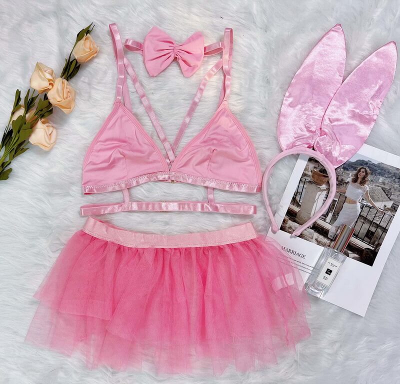 NURO Women's Sheer Mesh Bunny Girl Lingerie Set, Two-Piece Babydoll and Skirt with Playful Ears