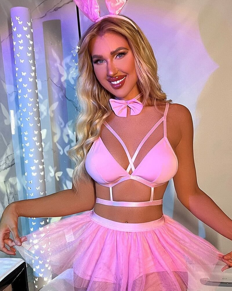 NURO Women's Sheer Mesh Bunny Girl Lingerie Set, Two-Piece Babydoll and Skirt with Playful Ears