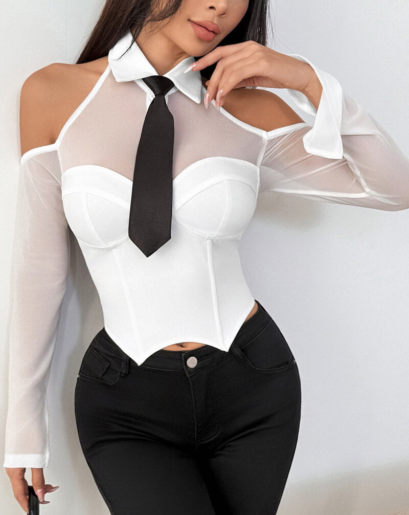 NURO Women's Sheer Mesh Collared Tie-Front Long Sleeve Top