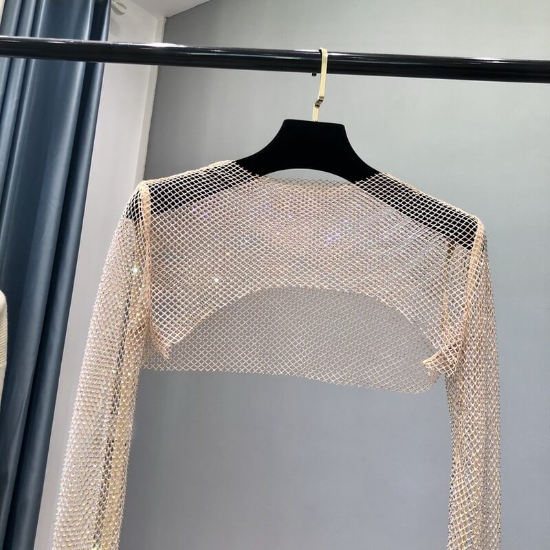 NURO Women's Sheer Mesh Long Sleeve Bolero - Rhinestone Trim, Cropped, Shrug Top