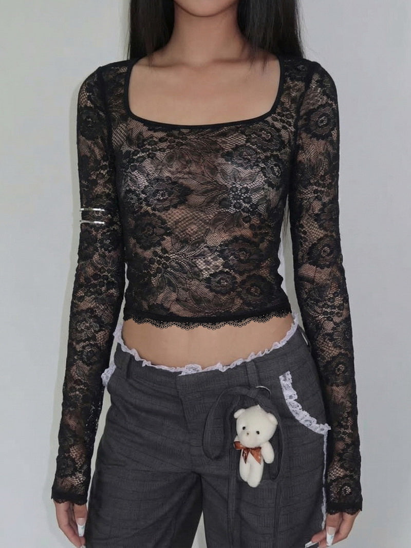 NURO Women's Sheer Mesh Long Sleeve Crop Top, Sexy Figure-Hugging Shirt for Winter