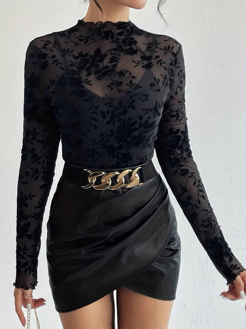 NURO Women's Sheer Mesh Long Sleeve Top - Stand Collar, Lace Trim, Semi-Transparent Blouse