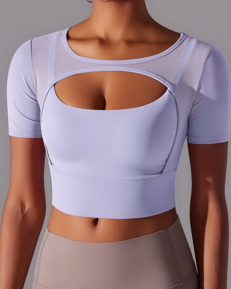 NURO Women's Sheer Mesh Long Sleeve Top, Layered Sports Bra Workout Shirt