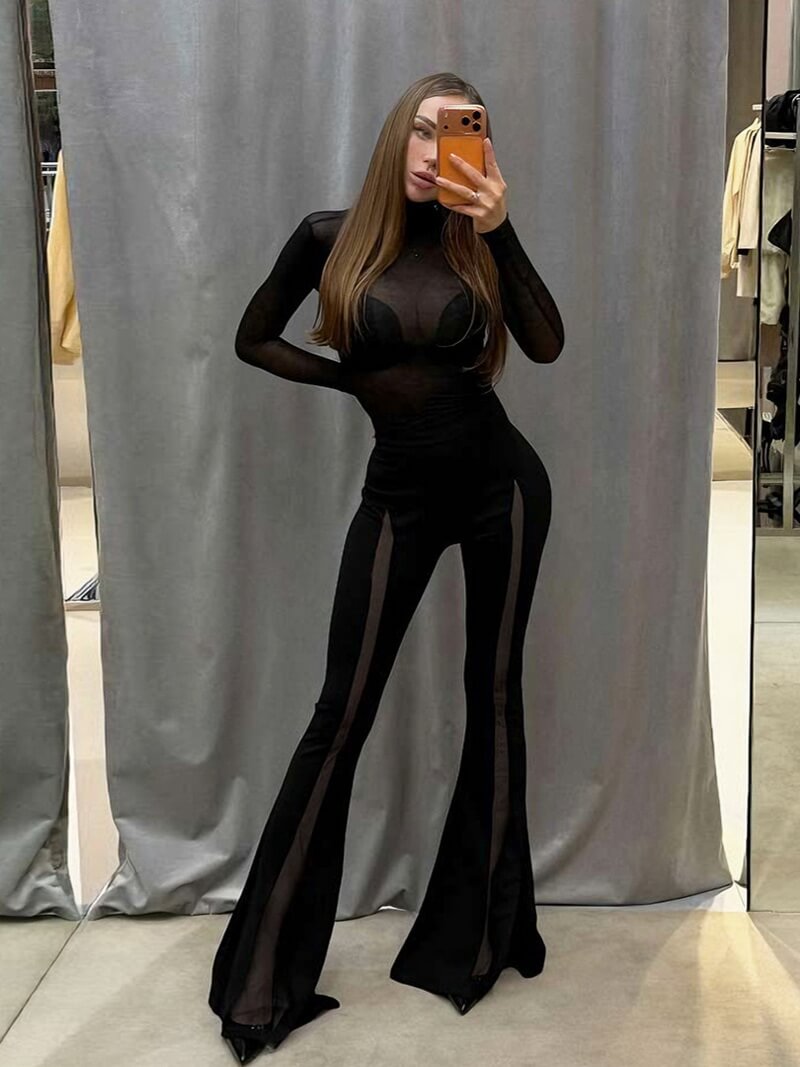 NURO Women's Sheer Mesh Panel Long Sleeve Flare Leg Jumpsuit