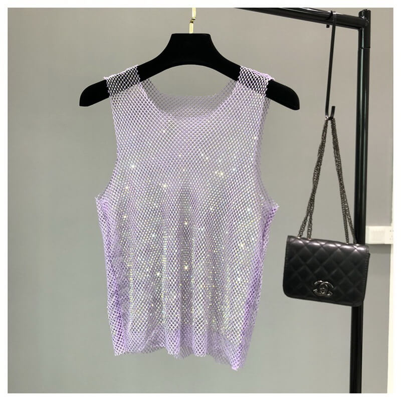 NURO Women's Sheer Mesh Rhinestone Tank Top - Strapless, High Shine, Party Crop Top
