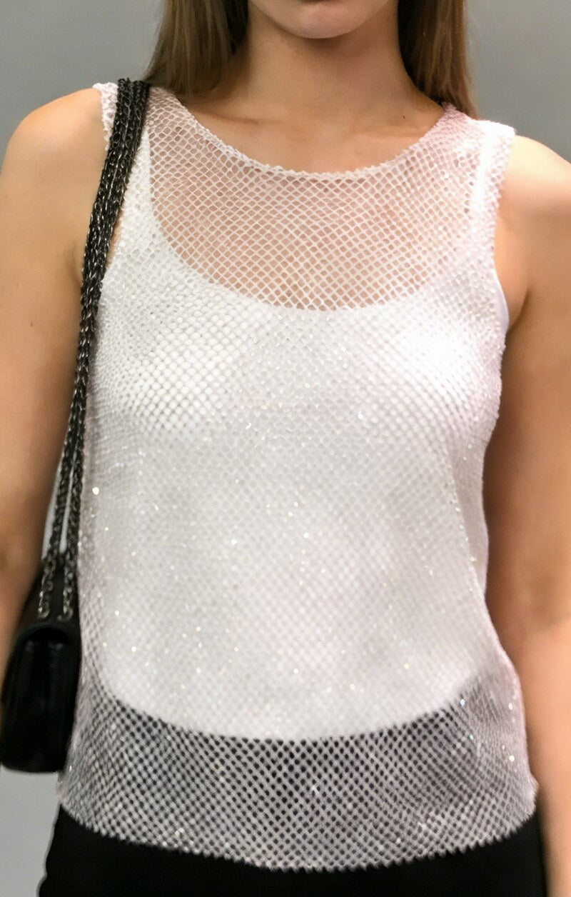 NURO Women's Sheer Mesh Rhinestone Tank Top - Strapless, High Shine, Party Crop Top