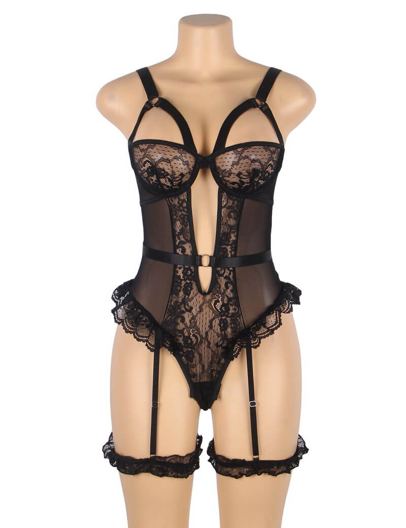NURO Women's Sheer Mesh & Lace Teddy with Garter Straps and Thigh Band