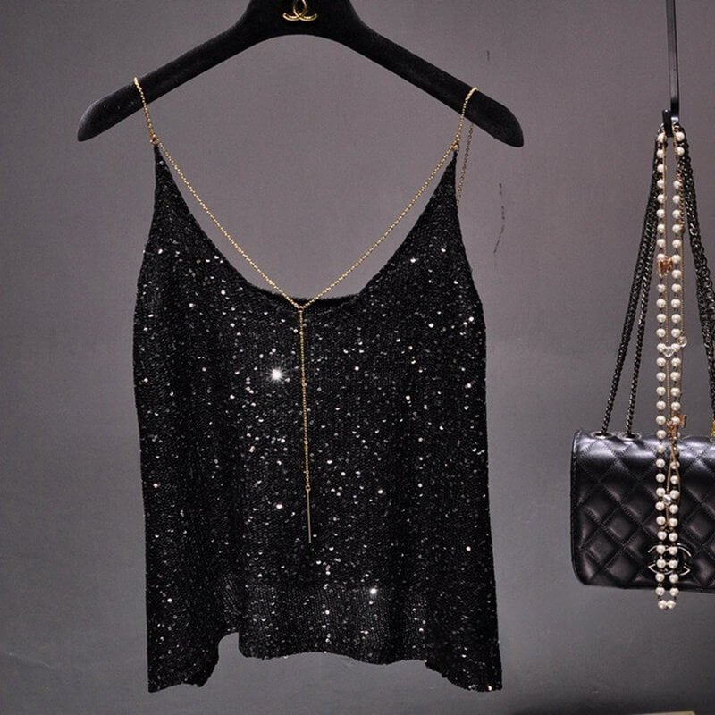 NURO Women's Sheer Sequin Backless Tank Top - Thin Strap, Adjustable, Sexy Crop Top