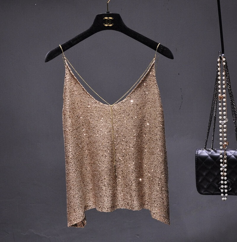 NURO Women's Sheer Sequin Backless Tank Top - Thin Strap, Adjustable, Sexy Crop Top