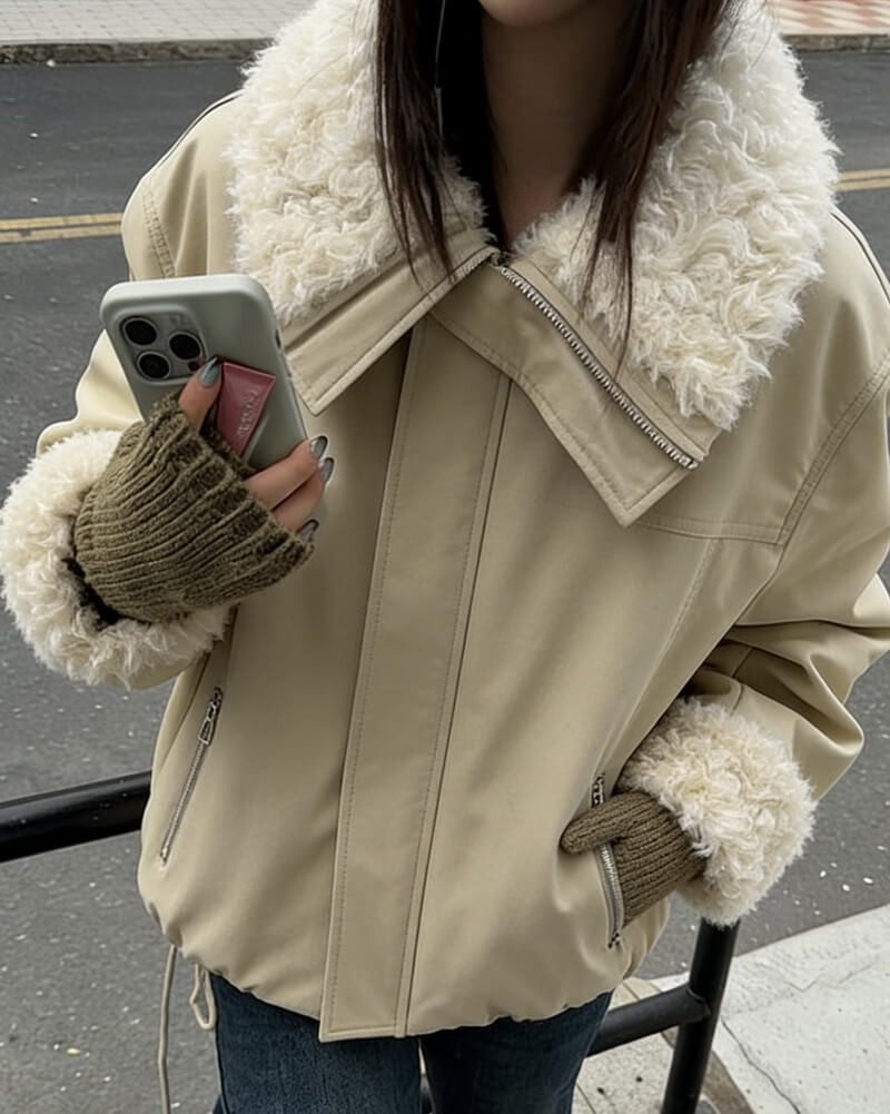 NURO Women's Sherpa Lined Zip-Up Jacket – Oversized Fleece Coat with Large Collar