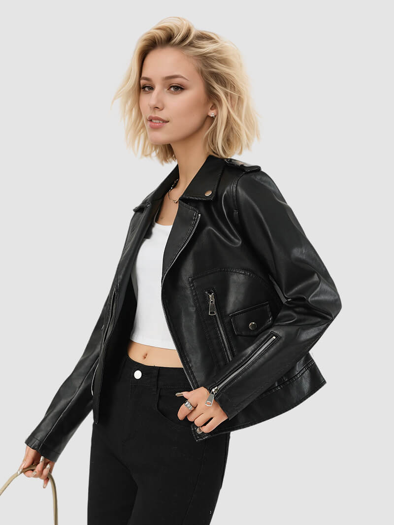 NURO Women's Short A-Line PU Leather Jacket, Zip Front Commuter Blazer