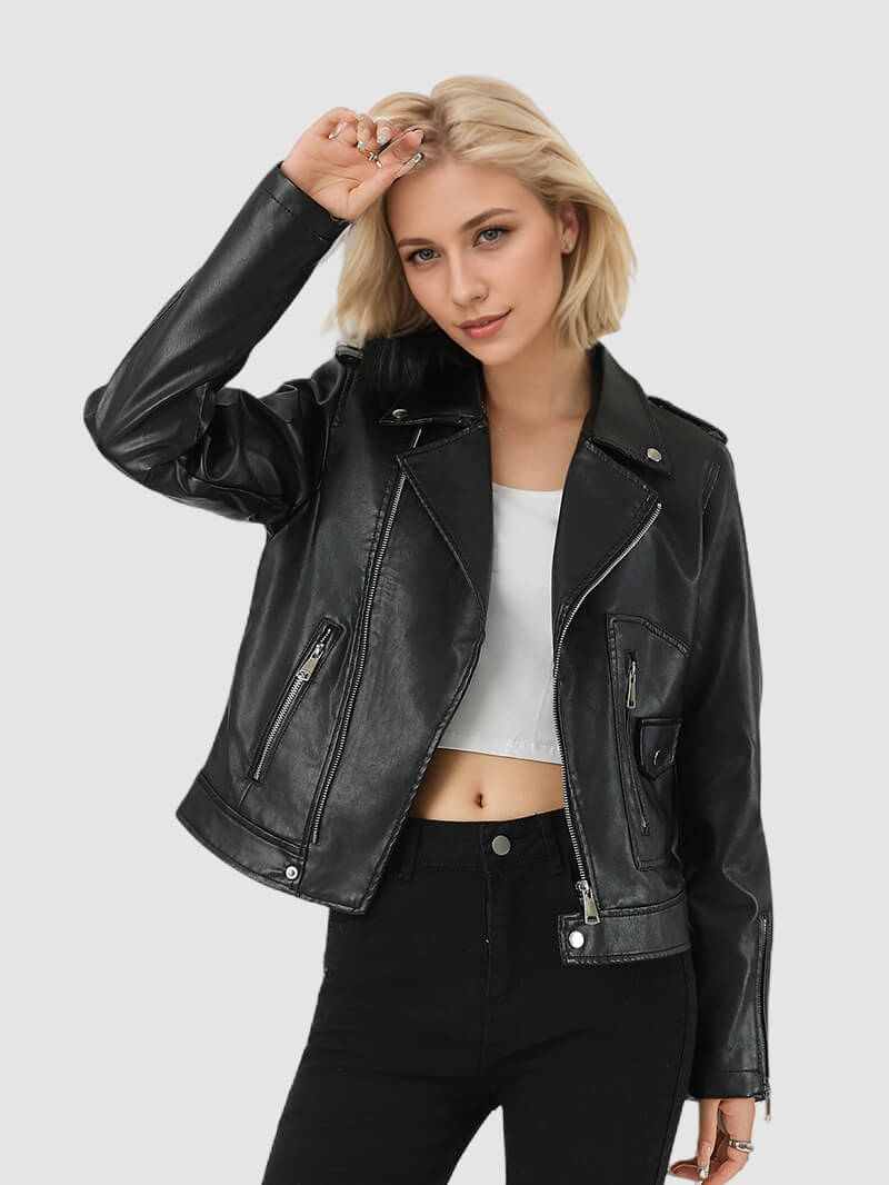 NURO Women's Short A-Line PU Leather Jacket, Zip Front Commuter Blazer