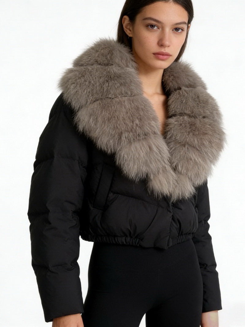 NURO Women's Short Fox Fur Hooded Down Jacket - Luxury Slim Fit Puffer Coat with Detachable Collar