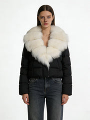 NURO Women's Short Fox Fur Hooded Down Jacket - Luxury Slim Fit Puffer Coat with Detachable Collar