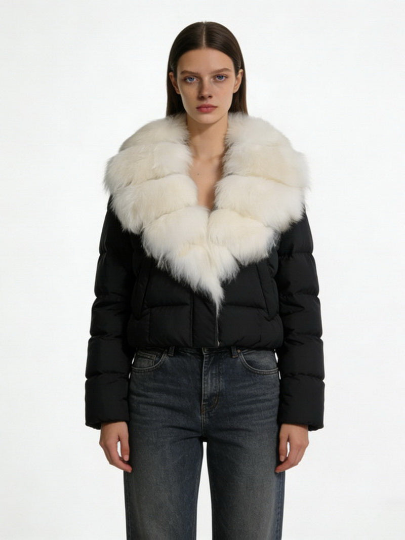 NURO Women's Short Fox Fur Hooded Down Jacket - Luxury Slim Fit Puffer Coat with Detachable Collar