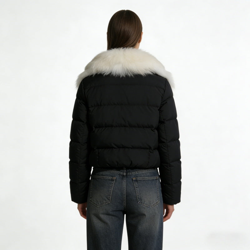 NURO Women's Short Fox Fur Hooded Down Jacket - Luxury Slim Fit Puffer Coat with Detachable Collar