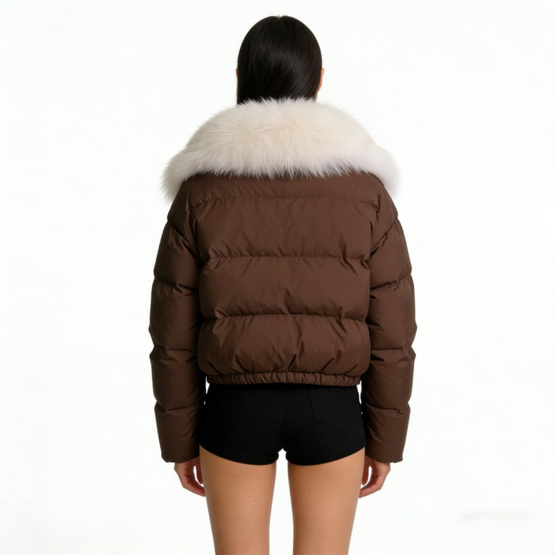 NURO Women's Short Fox Fur Hooded Down Jacket - Luxury Slim Fit Puffer Coat with Detachable Collar