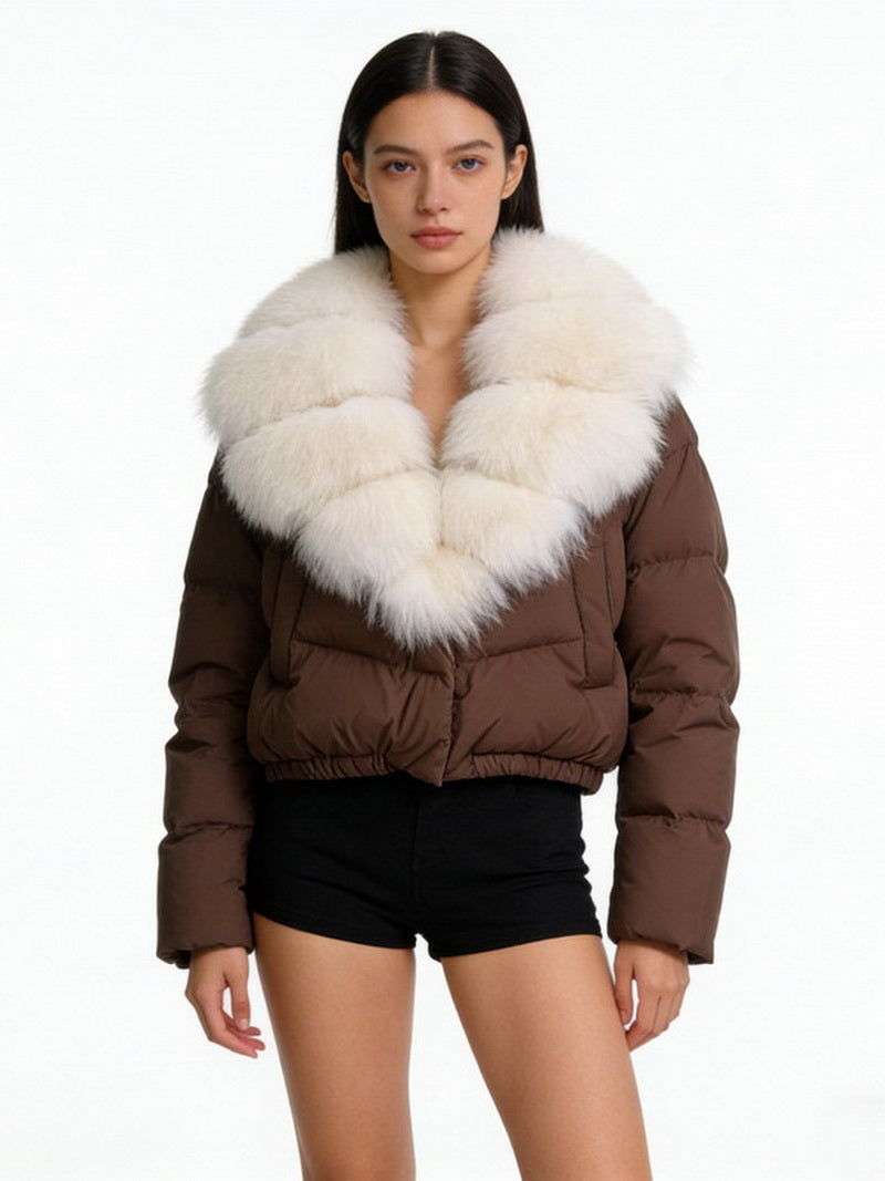 NURO Women's Short Fox Fur Hooded Down Jacket - Luxury Slim Fit Puffer Coat with Detachable Collar