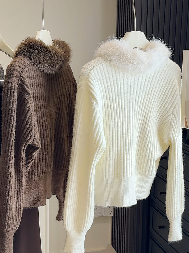 NURO Women's Short Knit Jacket with Faux Fur Collar & Dual Zippers, Casual Cardigan for Fall and Winter