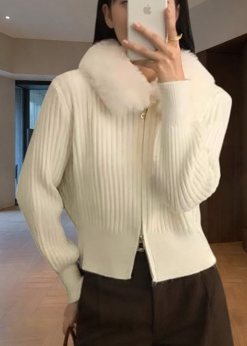 NURO Women's Short Knit Jacket with Faux Fur Collar & Dual Zippers, Casual Cardigan for Fall and Winter