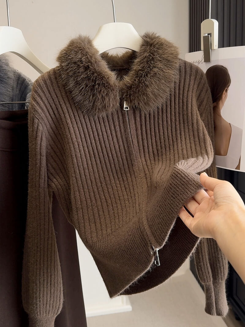 NURO Women's Short Knit Jacket with Faux Fur Collar & Dual Zippers, Casual Cardigan for Fall and Winter