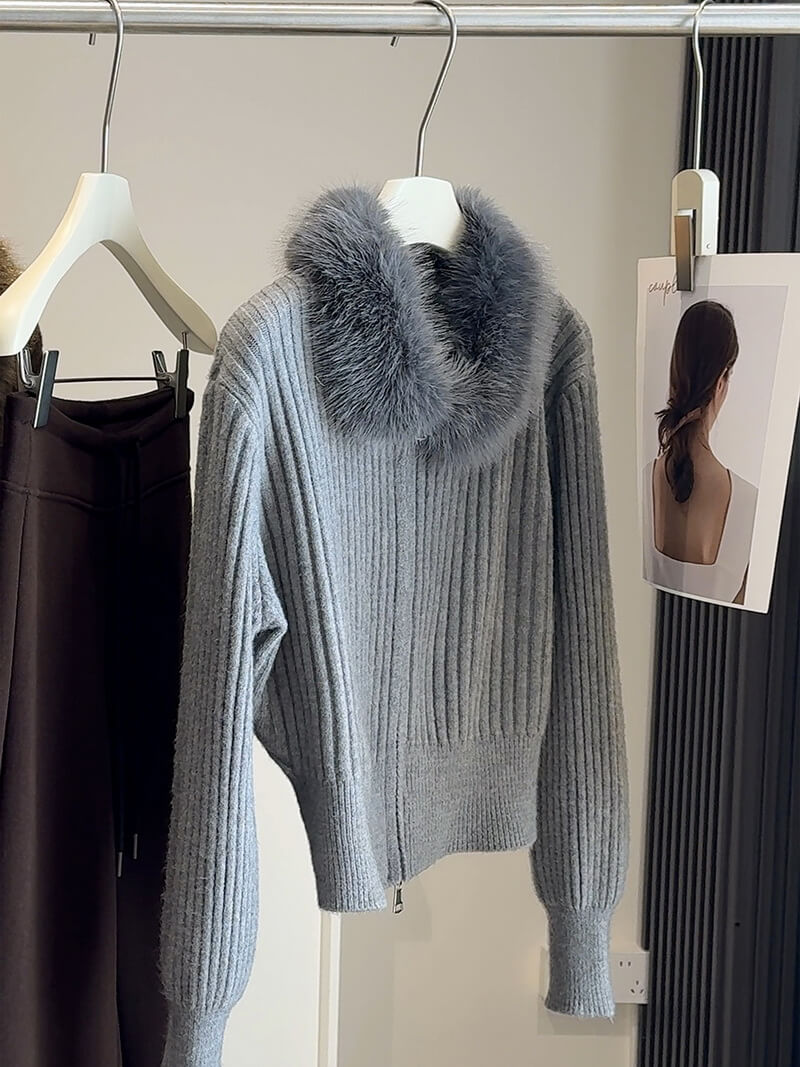 NURO Women's Short Knit Jacket with Faux Fur Collar & Dual Zippers, Casual Cardigan for Fall and Winter